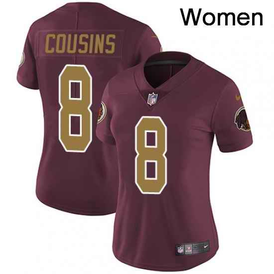 Womens Nike Washington Redskins 8 Kirk Cousins Burgundy RedGold Number Alternate 80TH Anniversary Vapor Untouchable Limited Player NFL Jersey